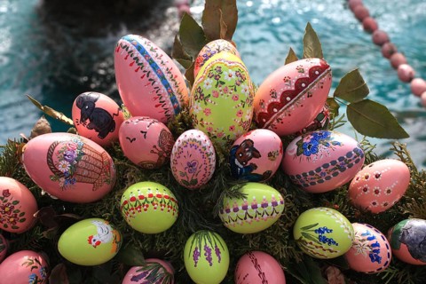 Detail of an Easter fountain in Franconian Switzerland, Bamberg district, Upper Franconia, Germany,