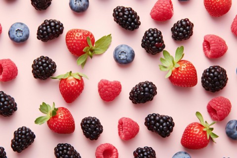 Top view of mix of strawberry, blackberry, blueberry and raspberry fruits on pink background. KI