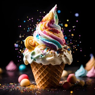 Whimsical unicorn ice cream sundae with rainbow swirls edible glitter and a golden horn, AI
