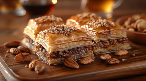 Golden sweet baklava topped with pecans on a rustic table, ai generated, AI generated