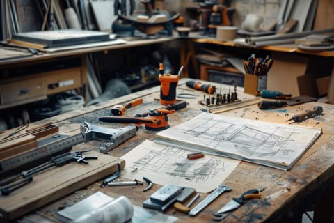 Organized chaos in a woodworker's workshop with tools scattered around wood pieces and blueprints,