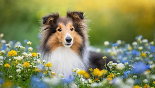 AI generated, A long-haired collie lies in a colourful meadow of flowers