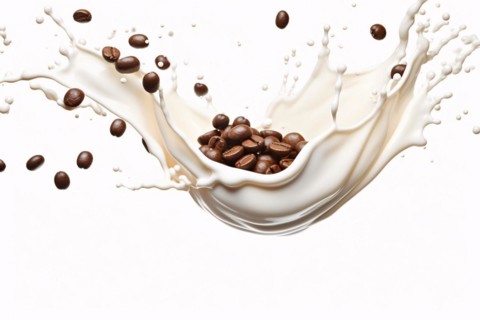 Milk or yogurt splash with raw coffee beans on white background. KI generiert, generiert AI