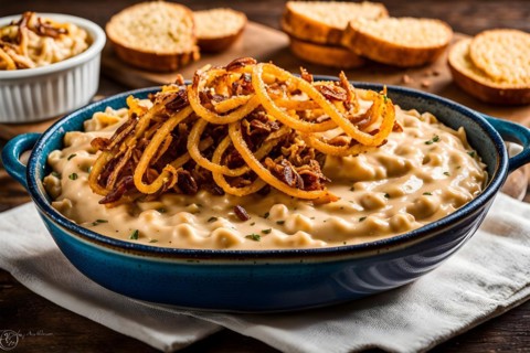 Spaetzle in a velvety cheese sauce with crispy fried onions, AI produced, AI generated