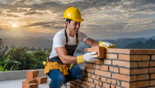 AI generated, A bricklayer inspects a brick wall, 30, 35, years