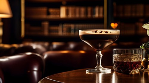 Rich espresso martini poised on a polished wooden cafe bar, AI generated