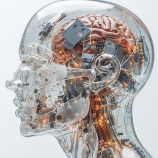 Medical a human head with brain and computer chip, symbol image KI in the human brain, ai