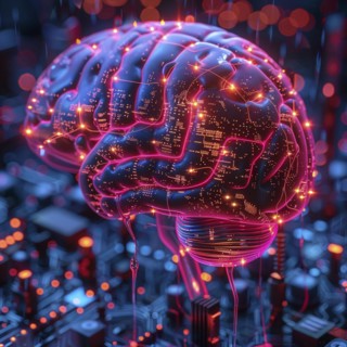 Medical a human head with brain and computer chip, symbol image KI in the human brain, ai