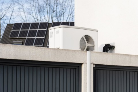 Heat pump on a garage roof of a new development, in the background solar panels are mounted on
