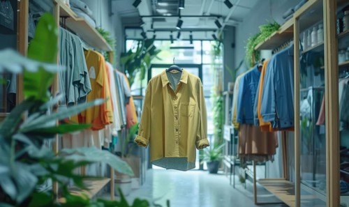 Modern clothing store with a vibrant yellow shirt displayed among other garments and plants AI