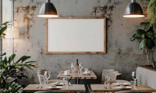 Rustically styled restaurant with an inviting dining table set and an empty frame under pendant
