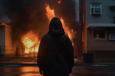Back view of hooded person in front of burning building at night. Arson crime concpet. KI