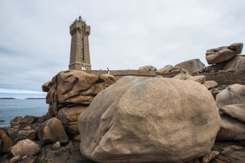 Lighthouse and granite rock, Phare de Ploumanac'h, Phare de Mean Ruz, Cote de Granit Rose,