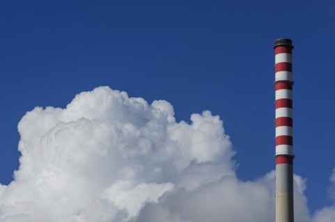 Chimney of a power plant in Sines, red, white, blue sky, power plant, energy, environment, climate,