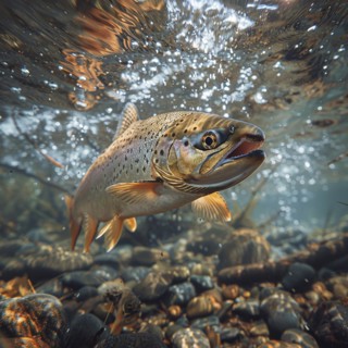 Salmon (Salmo salar) on the migration and swim up a stream in shallow, clear water, ai generiert,