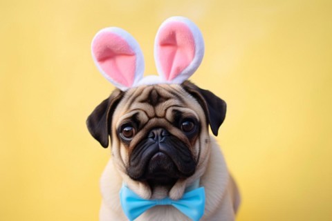 Funny pug dog with Easter bunny costume ears and bow tie on yellow studio background. KI generiert,