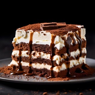 Tiramisu in cross section coffee soaked ladyfingers interspersed with creamy mascarpone surface, AI