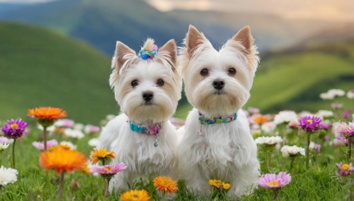 KI generated, Two white Yorkshire Terriers sitting in a flower meadow, (Canis lupus familiaris)