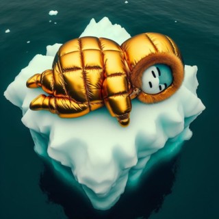 Animal character in yellow golden puffer jacket lies on a block of ice alone in the middle of the