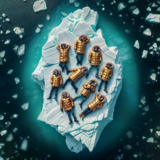Group of people in yellow golden puffer jacket lies on a block of ice alone in the middle of the