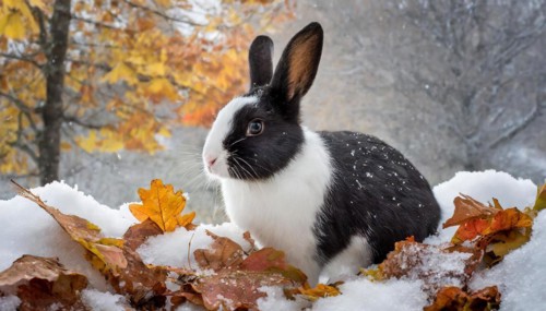 KI generated, A black and white dwarf rabbit in a meadow with autumn leaves, onset of winter, ice,