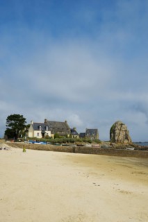 Houses and granite rocks on the beach, Plougrescant, Cote de Granit Rose, Cotes d'Armor, Brittany,