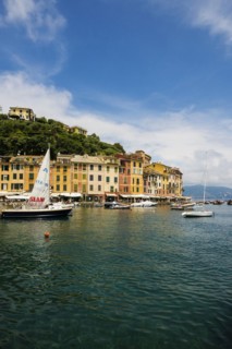 Village with colourful houses and harbour by the sea, Portofino, Province of Genoa, Liguria, Italy,