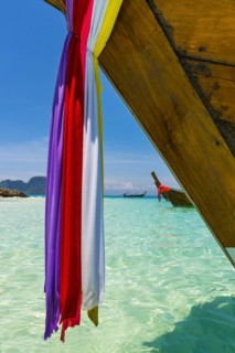 Longtail boat, fishing boat, wooden boat, decorated, tradition, traditional, faith, cloth,