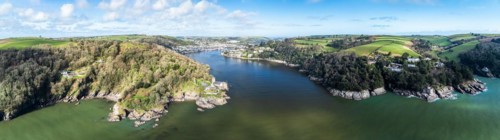 Panorama of Dartmouth Castle and Kingswear Castle over River Dart from a drone, Dartmouth,