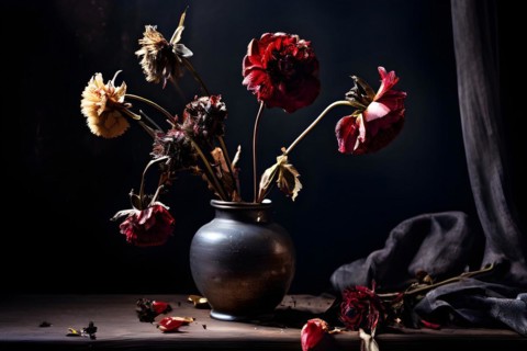 Artistic still life of wilted flowers, AI generated