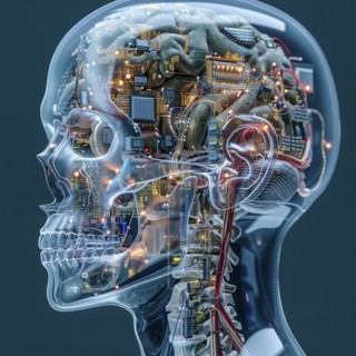 Medical a human head with brain and computer chip, symbol image KI in the human brain, ai