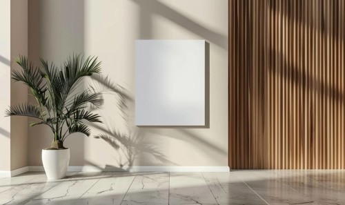 A sunlit corner displaying minimalistic beauty with a palm plant, marble flooring, and an empty