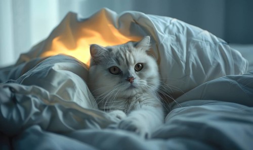 A contemplative cat lies on a bed in a room with a serene blue tone AI generated