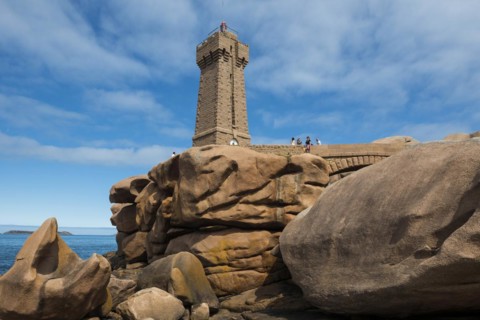 Lighthouse and granite rock, Phare de Ploumanac'h, Phare de Mean Ruz, Cote de Granit Rose,