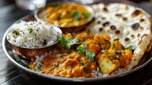 A vibrant Indian meal with paneer curry, naan bread, and rice for a tasty lunch, ai generated, AI