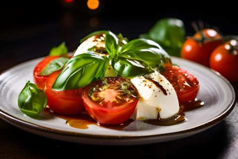 Caprese salad featuring ripe tomatoes embracing buffalo mozzarella fresh basil leaves perched on