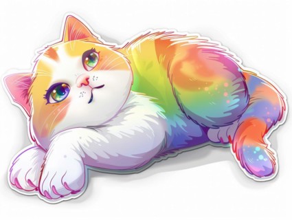 A cute cartoon cat laying down with a coat of rainbow colors, ai generated, AI generated