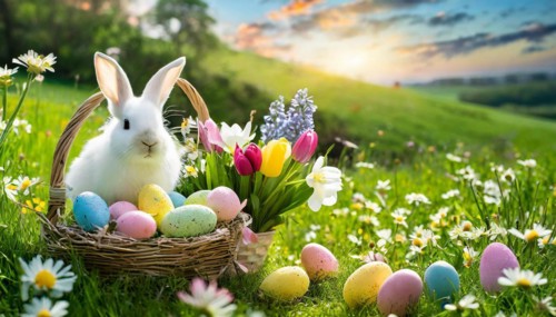 Ai generated, An Easter basket with coloured eggs in a meadow with colourful flowers, in the basket