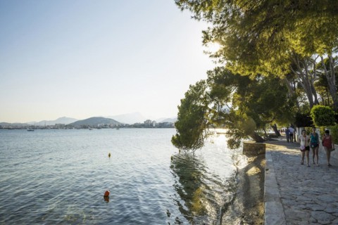 Waterfront promenade, Port de Pollenca, Serra de Tramuntana, Majorca, Balearic Islands, Spain,