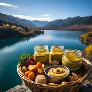 Basket brimming with glass jars filled with homemade hummus partnered with carrot sticks, AI