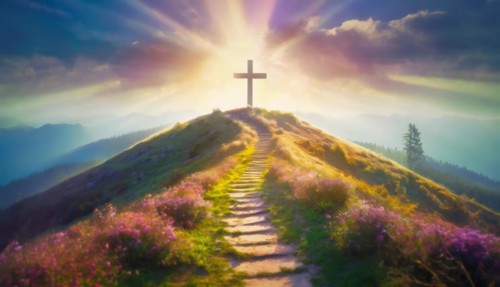 Footpath leading to a cross on top of the hill backlit by soft light beams. Heavenly beautiful