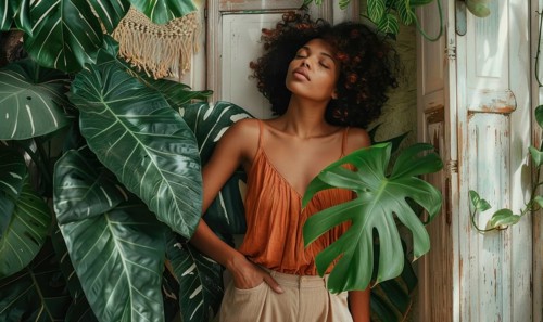 A relaxed woman in summer attire leaning against a rustic door surrounded by tropical plants AI