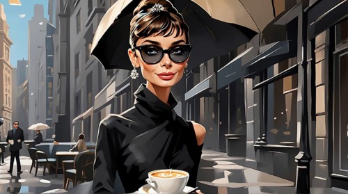 Elegant woman with sunglasses under an umbrella in a European cafe setting, 1960's mood, AI