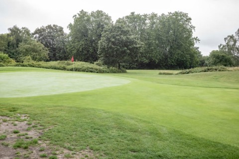 Golf course with manicured green, flagpole, lawns and trees