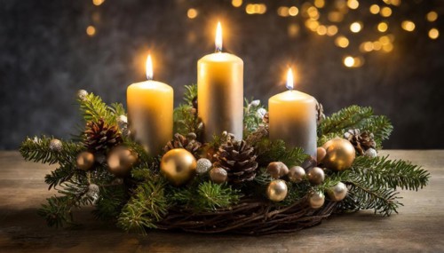Ai generated, Advent wreath with burning candles, Christmas time, Christmas decoration, 3rd Advent,