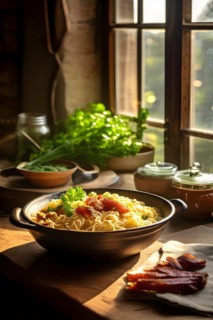 Schupfnudeln with sauerkraut and smoked bacon on a rustic stoneware plate, AI generated, KI