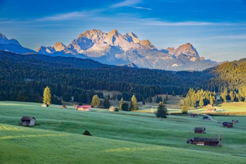Humpback meadows between Mittenwald and Kruen, Werdenfelser Land, behind it the Zugspitze, 2962m,