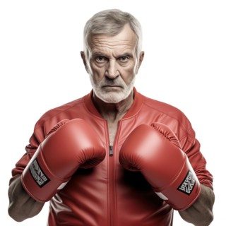 An older man with boxing gloves looks confidently and resolutely into the camera, symbolic image