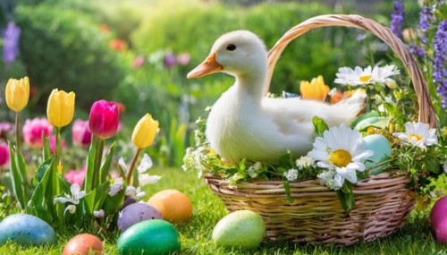 Ai generated, An Easter basket with coloured eggs in a meadow with colourful flowers, in the