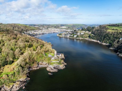 Dartmouth Castle over River Dart from a drone, Dartmouth, Kingswear, Devon, England, United